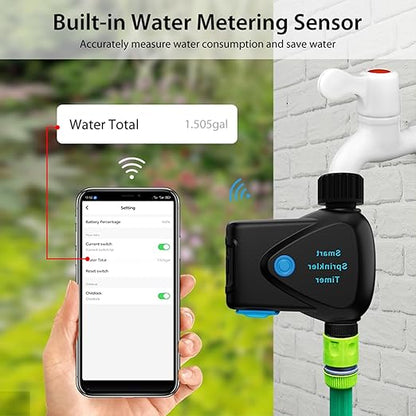 WiFi Water Timer with Flow Meter - No Hub Required, Flow-Sensing Smart Sprinkler Timer Compatible with Alexa & Google Home, Wireless Remote Garden Irrigation, Real-Time Water Usage Monitor