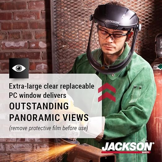 Jackson Safety Lightweight MAXVIEW Premium Face Shield - Mask with 370 Speed Dial Ratcheting Headgear, ANSI Z87.1, for Work, Grinding, Cutting - Uncoated - Clear Tint