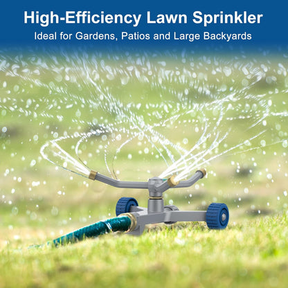Sprinklers for Yard, 3-Arm Metal Sprinkler with Wheel Base, 360-degree Automatic Rotary Lawn Sprinkler System for Garden Yard