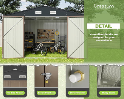 Greesum 10x8FT Outdoor Storage Shed, Utility Tool Shed Metal Storage Garden Shed with Door & Lock for Patio Storage, Brown