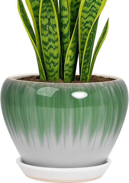 Deep Dream 8 Inch Plant Pots- Ceramic Pots for Plants with Drainage Hole and Saucer, Large Planter Pot for Indoor Plants Outdoor Decor, White&Green