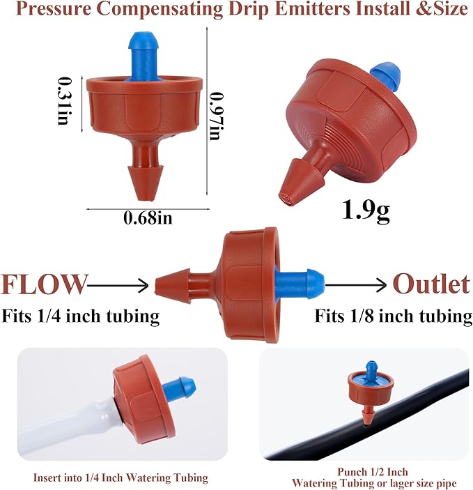 60Pcs 0.5 GPH Pressure Compensating Irrigation Spot Drippers,Constant Flow Barb Outlet Watering Dripper Emitters Heads Parts for 1/4 Inch Watering Tubing Line for Garden Pots Plant Irrigation Systems