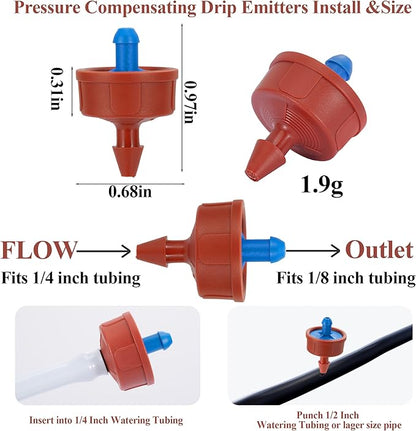 60Pcs 0.5 GPH Pressure Compensating Irrigation Spot Drippers,Constant Flow Barb Outlet Watering Dripper Emitters Heads Parts for 1/4 Inch Watering Tubing Line for Garden Pots Plant Irrigation Systems