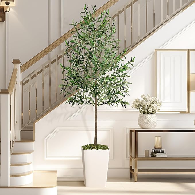 Olive Trees Artificial Indoor 7ft, Tall Faux Silk Plant with Pot, Realistic Leaves and Natural Wood Trunk Fake Trees with Lifelike Fruits for Home Office Decor Bedroom Livingroom Entryway Housewarming