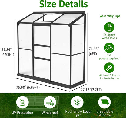 6x2ft Lean-to Polycarbonate Greenhouse, Small Walk-in Green House, with Adjustable Roof Vent, Rain Gutter and Sliding Door, Outdoor Greenhouse for Terrace, Backyard Black