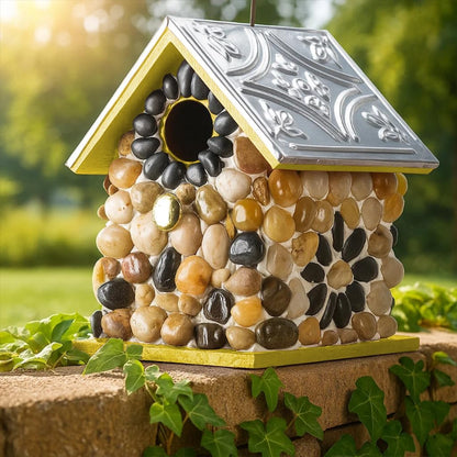 Masterpiece Bluebird Bird House for Outside Clearance, Cedar Bird House Bird Feeder for Outdoor, Stone Villa, Hanging Birdhouse for Outside, Pole Mountable Birdhouse, 10 Yrs Longtime Lasting (Yellow)