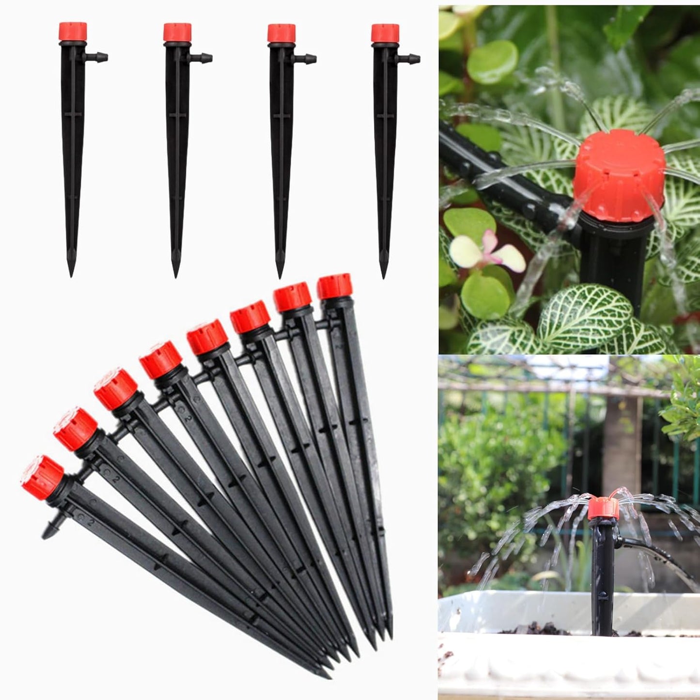 50pcs Drip Emitters for 1/4" Drip Irrigation Tubing, Adjustable 360 Degree Water Flow Drippers on 5" Arrow Stake, Garden Irrigation Drippers for (4-7mm) Watering System