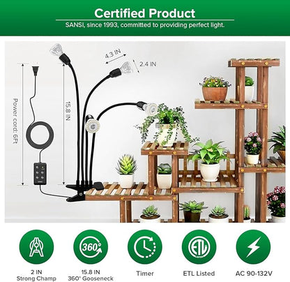 SANSI LED Grow Lights for Indoor Plants, Lifetime Free Bulb Replacement, 600W Full Spectrum 4-Gooseneck Clip Plant Grow Light, Plant Light with Timer 4/8/12 Hrs, High PPFD Growing Power Grow Lamp