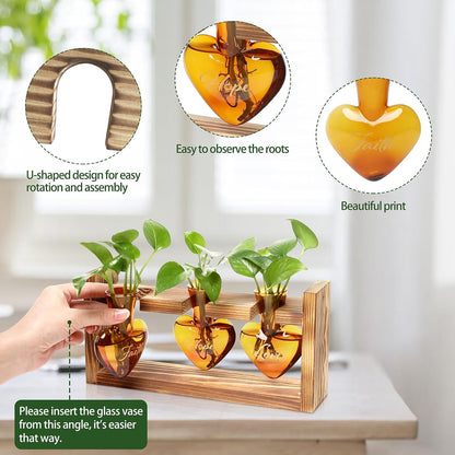 Plant Terrarium Propagation Stations Faith Hope Love Hydroponics Home Garden Decoration Gift for Women with Wooden Stand Heart Shaped Colored Glass Vase