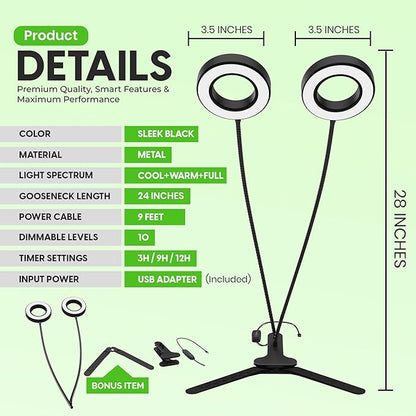 OSANI 24" Gooseneck Long Arm Grow Light, 48" Wide Coverage, 6000K Full Spectrum LED Grow Lights for Indoor Plants with Red Blue LEDs, 10-Level Dimmable, Auto Timer, USB & Adapter, Grow Lights Indoor