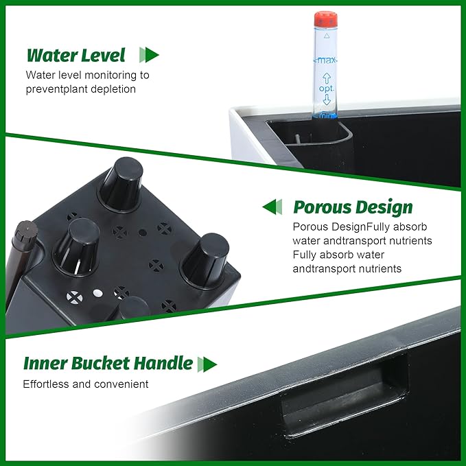 GarveeLife 16 in Tall Planters Set of 2, Outdoor＆Indoor Black Planter Pots, High Front Porch Planter Pots with Drainage Holes＆Water Level Monitor＆Inner Bucket, Automatic Watering,White