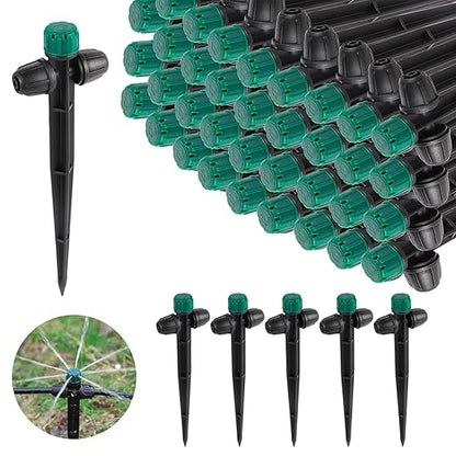 Anti-Drop Drip Irrigation Emitters for 1/4" Irrigation Tubing,Double Hole Design Adjustable 360 Degree Drip Emitters on 6.5" Stake for Garden Irrigation Watering System(25pc-Green drip)