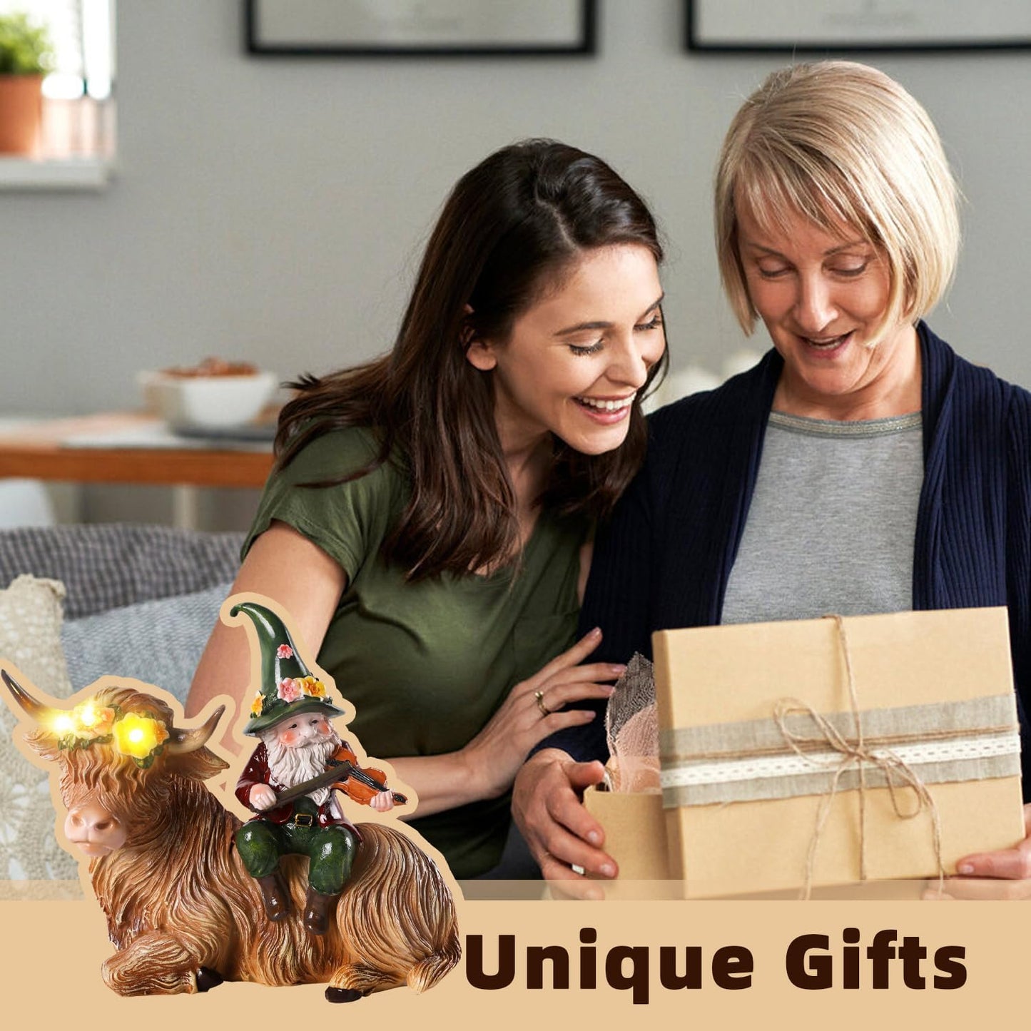 Solar Highland Cow Figurines for Garden with Gnome Playing the Violin 6.7"Resin Garden Gnomes Outdoor Patio Yard Lawn Porch Decor Birthday Housewarming Gifts for Women Mom Grandma Wife Sister Friend