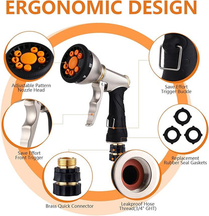 Tesony Garden Hose Nozzle, Heavy Duty Metal Water Hose Sprayer with 9 Adjustable Spray Patterns and Brass Hose Quick Connector, High Pressure Handheld Spray Nozzle Gun for Watering Plants, Car Washing