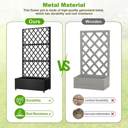 Metal Planter Box with Trellis, 72"x35"x16" Metal Raised Garden Bed with Trellis, Trellis Planter Box with Drainage Holes & Lockable Casters for Climbing Plants, Vegetables, and Vines