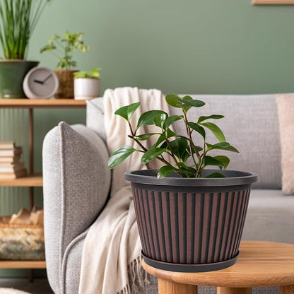 Planter-Pots-for-Plants-Indoor-Outdoor, 4 Pack 10 Inch Plastic Flower Pots with Saucer & Drainage Holes, Modern Garden Planters for Planting Medium Large Plants，Decorative Resin Garden Pots