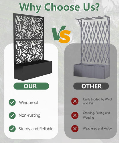 2PCS Metal Planter Box with Trellis,70.9"x47.2"x15.7" Raised Garden Bed with Drainage Holes, Privacy Planters for Outdoor Garden Bed for Climbing Plants,Vegetables,and Vines, Black-Flower