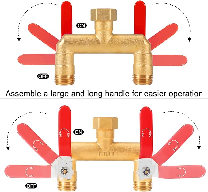 EBH Garden Hose Splitter, 2-Way High Flow Heavy Duty Brass Outdoor Hose Manifold with Extra Long Handles Full Flow Faucet Adapter- 3/4” GHT(Red)