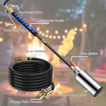 Propane Torch Weed Burner,Weed Torch for Outside with Self Ignition and Flame Control,High Output 2,400,000 BTU with 10FT Hose and Storage Bag,Flame Thrower for Weeding,Garden,Snow Melting(Silver)