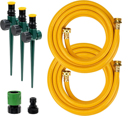 Ground Sprinkler Systemwith Metal Spike Base Irrigation Set for Garden Multi-Adjustable Lawn Sprinkler Set Ideal for Small Areas Plant and Flower Bed Watering, Two 15ft Yellow Hose Included
