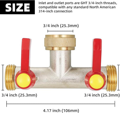 2 Way Hose Splitter, Brass High Flow Garden Hose Splitter Heavy Duty, Hose Connector, Water Spigot Splitter, Full Flow Faucet Splitter with shutoff, 3/4” GHT Inlet