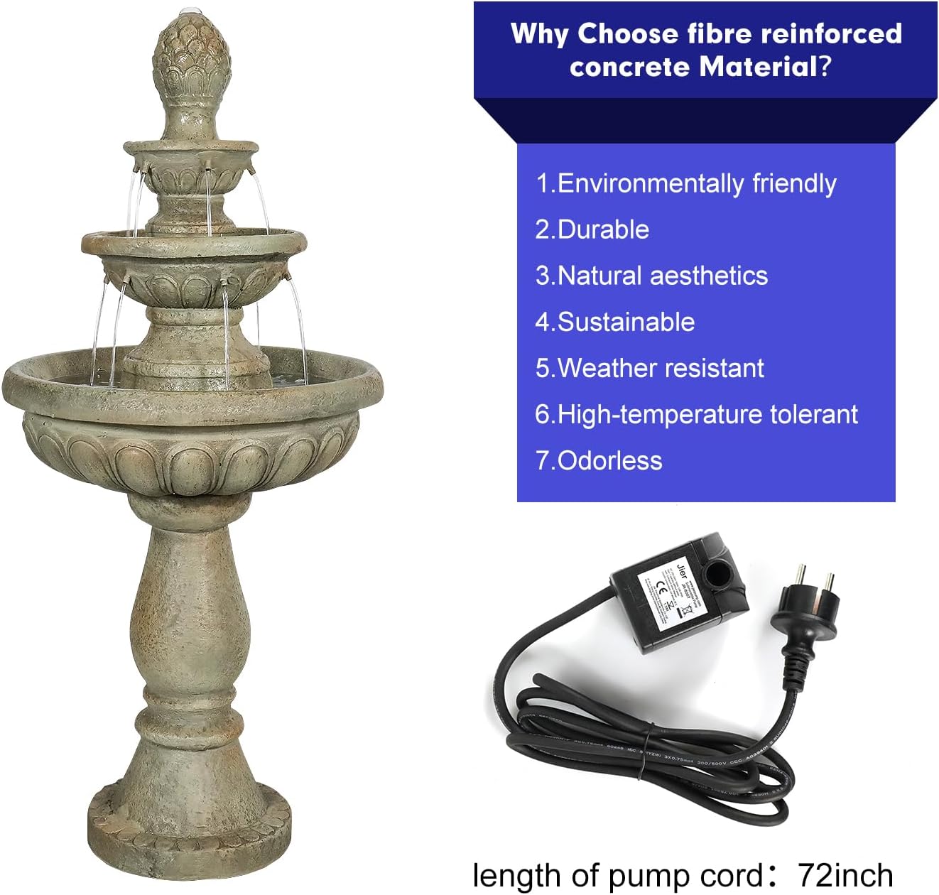 SunJet 42.5” High 3-Tiers Modern Concrete Outdoor Water Fountain - Round Large Outdoor Fountains and Waterfalls for Garden, Patio, Yard, and Deck Decor, Featuring Natural Stone Look