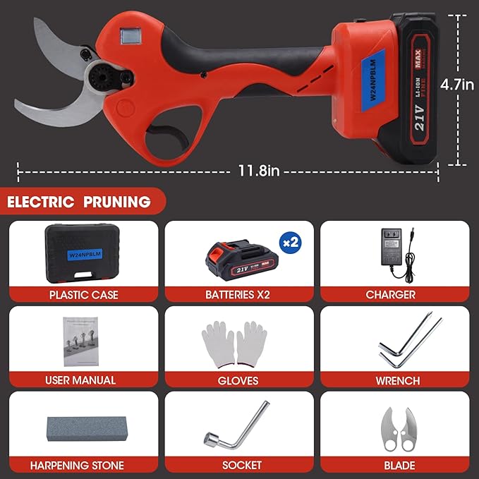 Electric Pruning Shears，2 inches (50mm) Cutting Diameter，Cordless Pruning Shears with LCD Display，2pcs 2000mAh Rechargeable Lithium Battery, 2pcs Upgraded SK5 blades