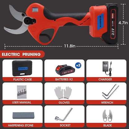 Electric Pruning Shears，2 inches (50mm) Cutting Diameter，Cordless Pruning Shears with LCD Display，2pcs 2000mAh Rechargeable Lithium Battery, 2pcs Upgraded SK5 blades