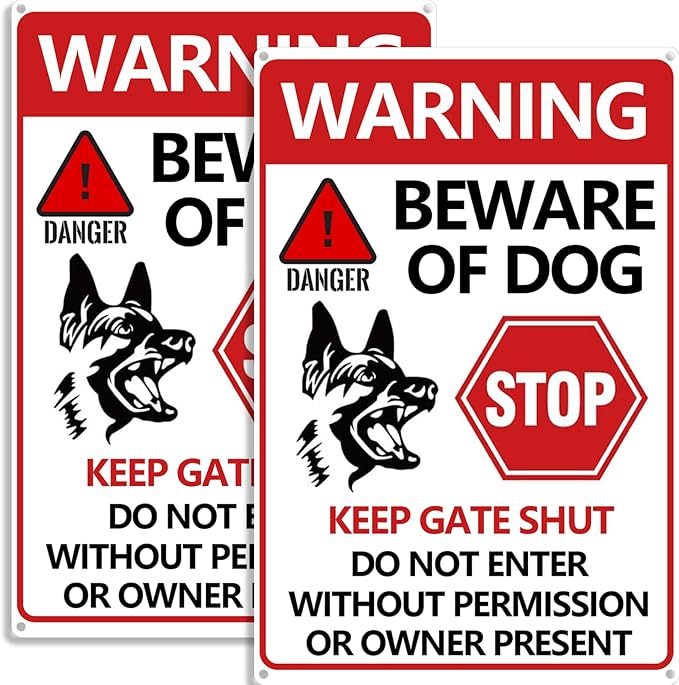 Beware of Dog Sign 2PCS - Beware of Dogs Signs for Fence, Do Not Enter Signs Keep Gate Closed, Stop Danger Warning Reflective Tin Decoration for Garden Yard Wall Metal Decor 11.8x7.9 Inches