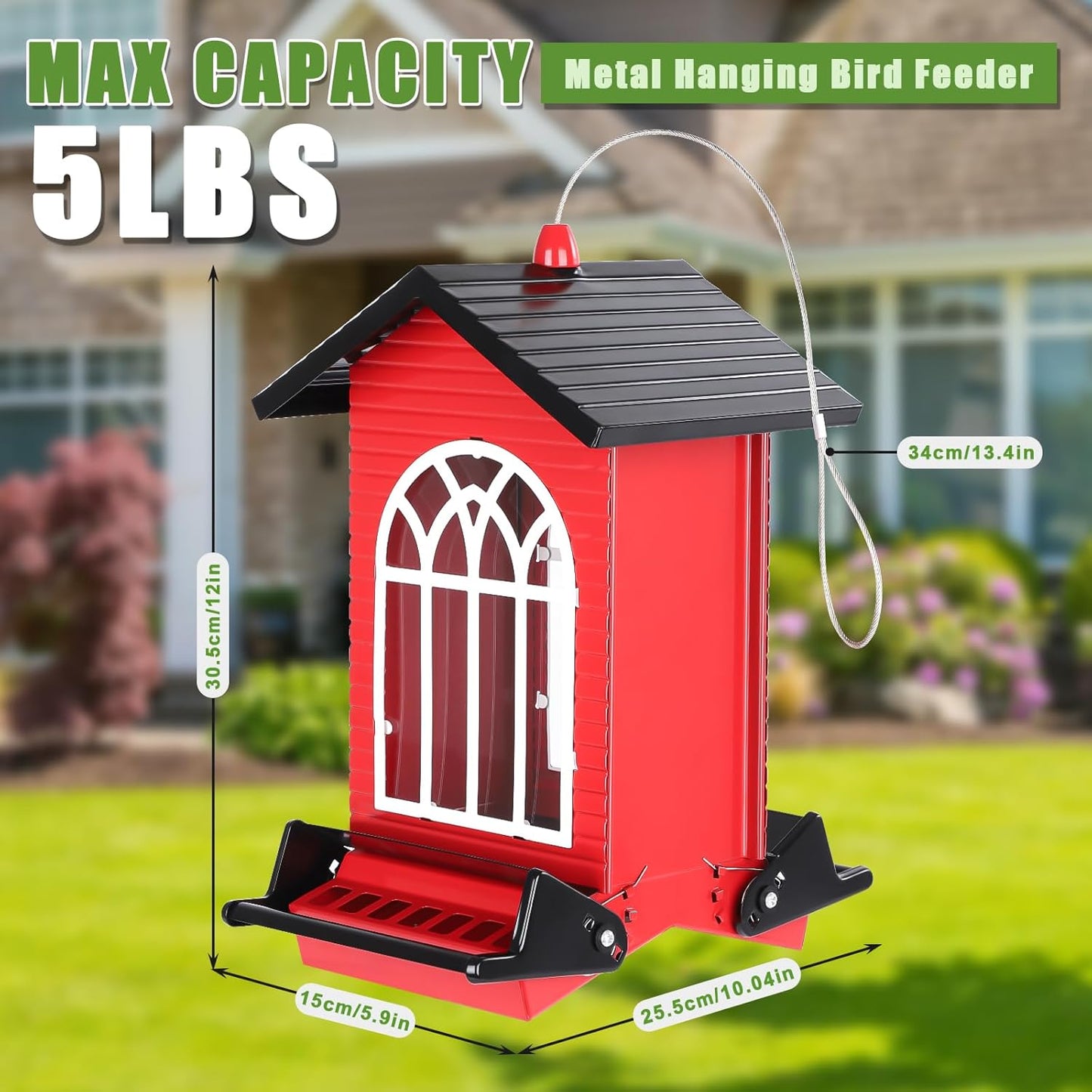 Squirrel Proof Bird Feeder for Outdoors,5LB Large Capacity,Metal Wild Bird Seed Feeder with Bilateral Weight-Activated Perches for Outside Hanging,Finch,Cardinal,Blue Jay,Garden Decoration,Red