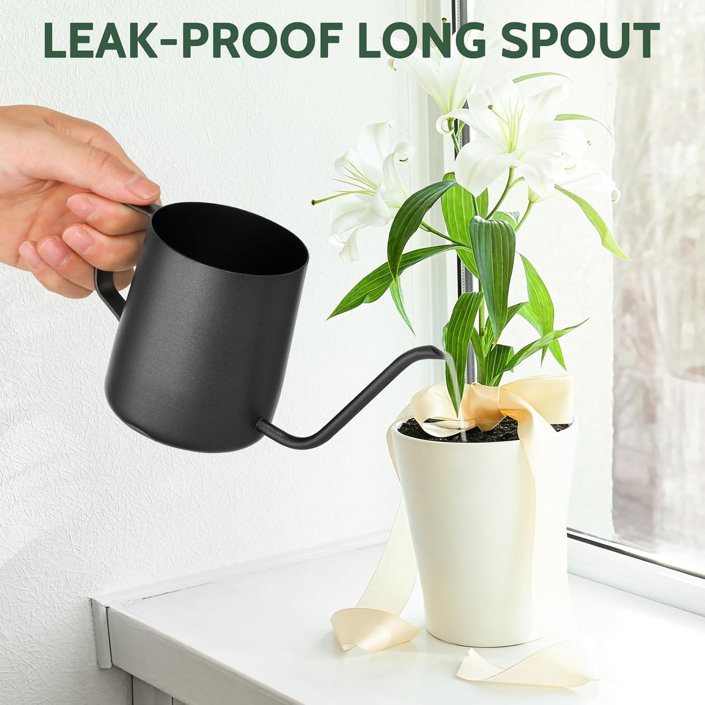 Small Watering Can Indoor Plants - 12 oz Mini Metal Watering Can with Long Spout Rust-Proof Stainless Steel Tiny Watering Pot for Small Indoor Plants Home & Office Black