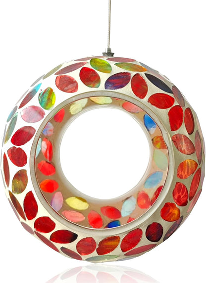 Mosaic Bird Feeder, Outside Hanging with Round Shape Glass BirdFeeders to Attract More Wild Birds, Mosaic Fly Through for Garden, Yard, Backyard, Deck and Porch Decor, Red 7-Inch