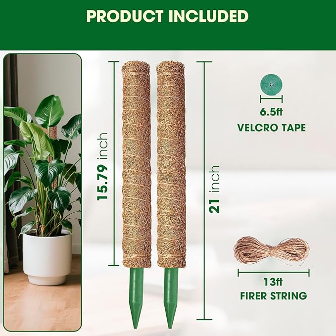 Moss Pole, 2 Pack 21 Inch Monstera Plant Support for Climbing Plants, 36 Inch Tall Stackable Plant Stakes for Indoor Plants Coco Coir Moss Pole Sticks Support for Potted Pothos, Philodendron