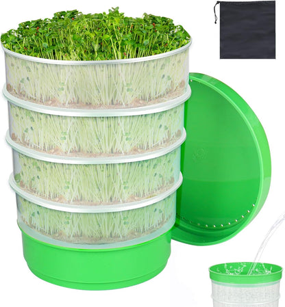 Seed Sprouting Kit - 4-Tier Stackable Seed Sprouter Trays with Drain Holes and Drain Tray, Micro Greens Growing Trays Kit, Soil-Free Sprouter Tray for Beans Alfalfa Seeds