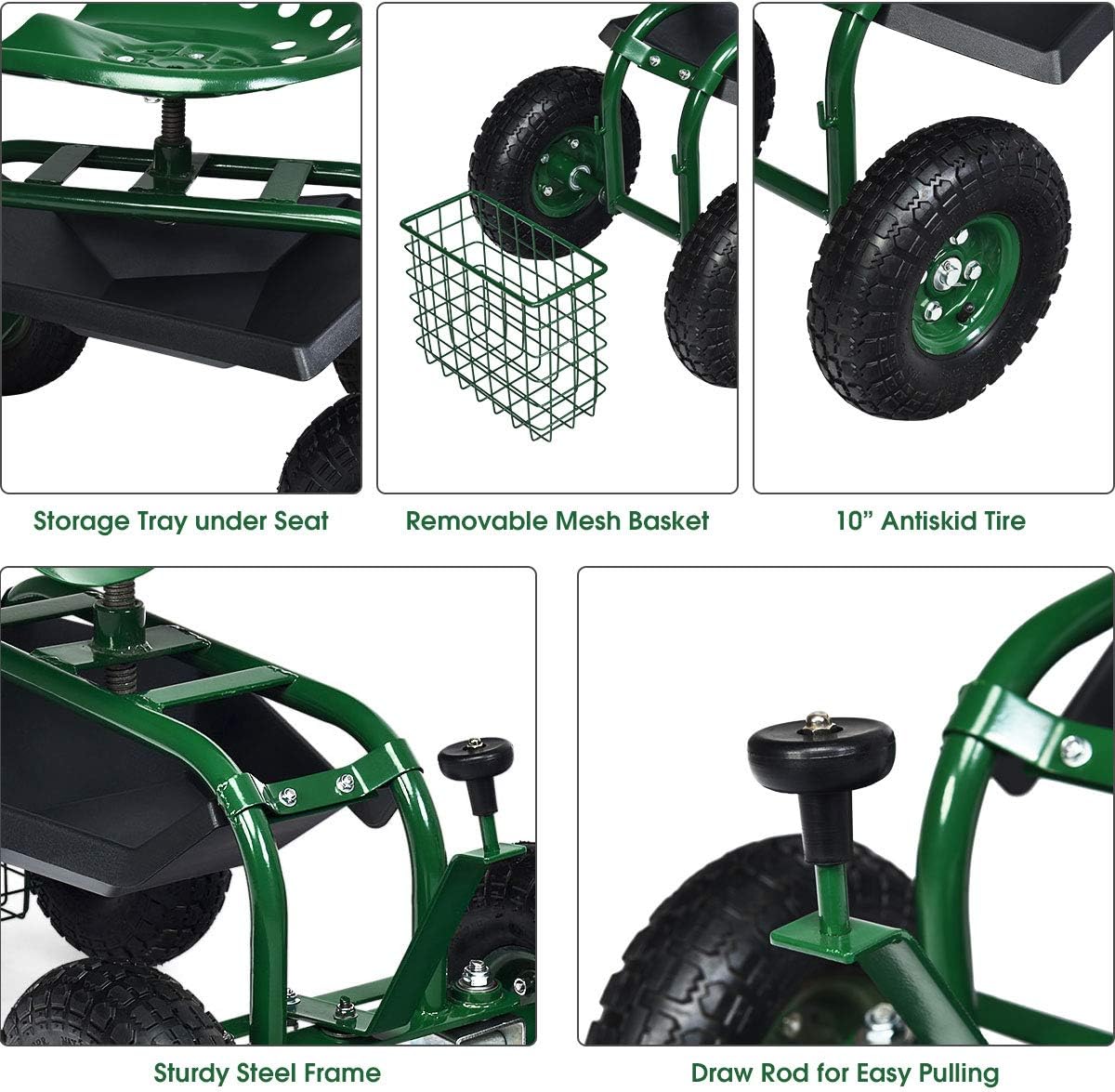 Goplus Garden Seat with Wheels, Rolling Garden Cart with 360 Degree Swivel Seat for Planting, Gardening Stool w/Tool Tray, Basket, Gardening Chair Workseat, Patio Wagon Scooter for Seniors