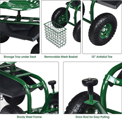 Goplus Garden Seat with Wheels, Rolling Garden Cart with 360 Degree Swivel Seat for Planting, Gardening Stool w/Tool Tray, Basket, Gardening Chair Workseat, Patio Wagon Scooter for Seniors