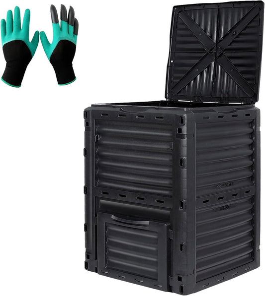 Compost Bin Outdoor 80 Gallon (300L) Large Compost Bin Composter with w/Top Flip Latch-on Lid BPA-Free Composter Barrel for Garden, Kitchen, and Yard Waste, Black, Easy Assembly