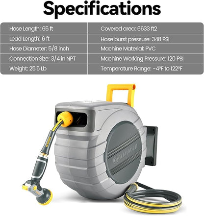 GLAHODEN Retractable Garden Hose Reel 5/8 in x 65 ft, 2025 Upgraded Dual Ratchet Lock UV & Freeze Protection Brass Seal Slow Retraction Anti-Tangle Hose 180°Swivel Reinforced Scaffold Wall Mount