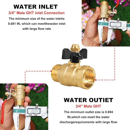 Garden Hose Brass Shut Off Valve Full Flow, No Restricted-Flow Water Shut-Off Connector, 3/4" GHT x 3/4" GHT Garden Hose Full Port Ball Valve Adapter (Butterfly Handle)