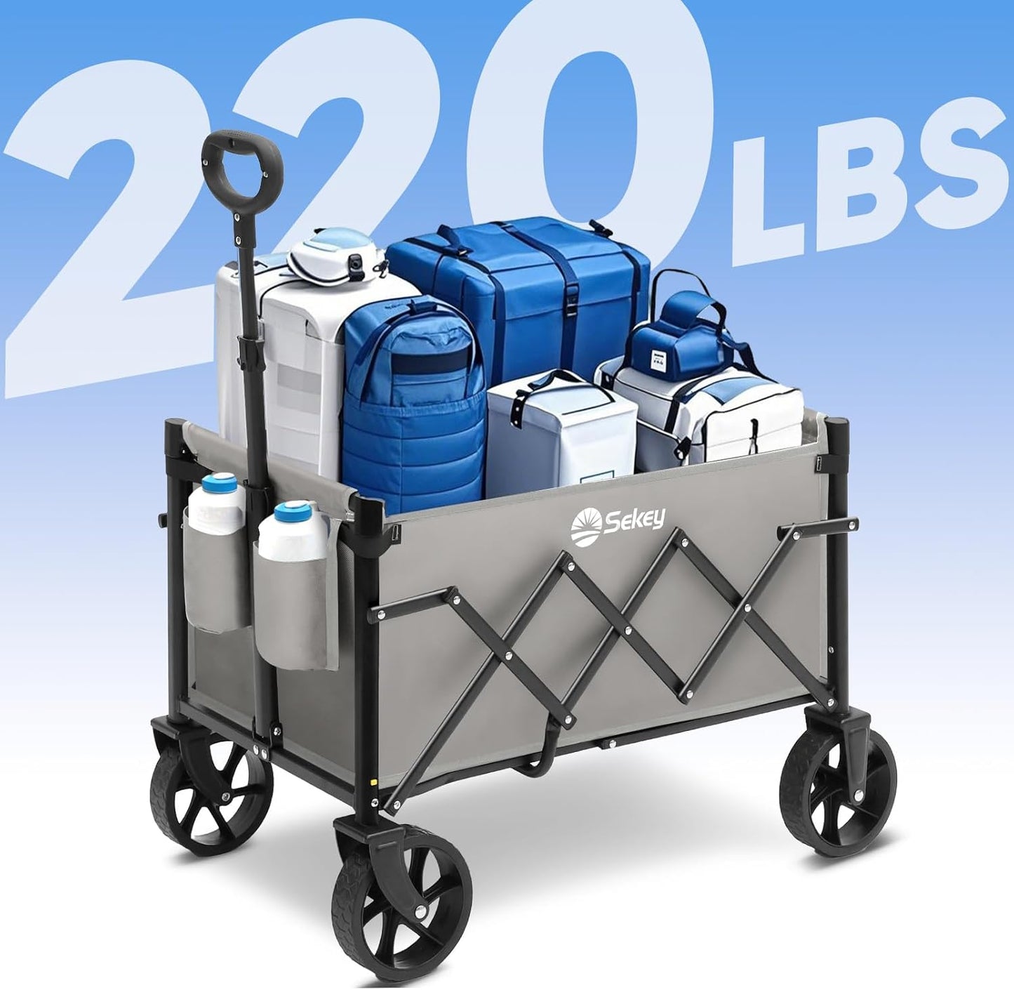 Sekey Heavy Duty Wagon with Big Wheels, Foldable Cart with 220LBS Capacity, Utility Lightweight Wagon, Collapsible Grocery Shopping Cart for Camping Sports & Holiday. Gray
