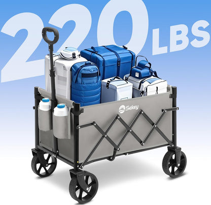 Sekey Heavy Duty Wagon with Big Wheels, Foldable Cart with 220LBS Capacity, Utility Lightweight Wagon, Collapsible Grocery Shopping Cart for Camping Sports & Holiday. Gray