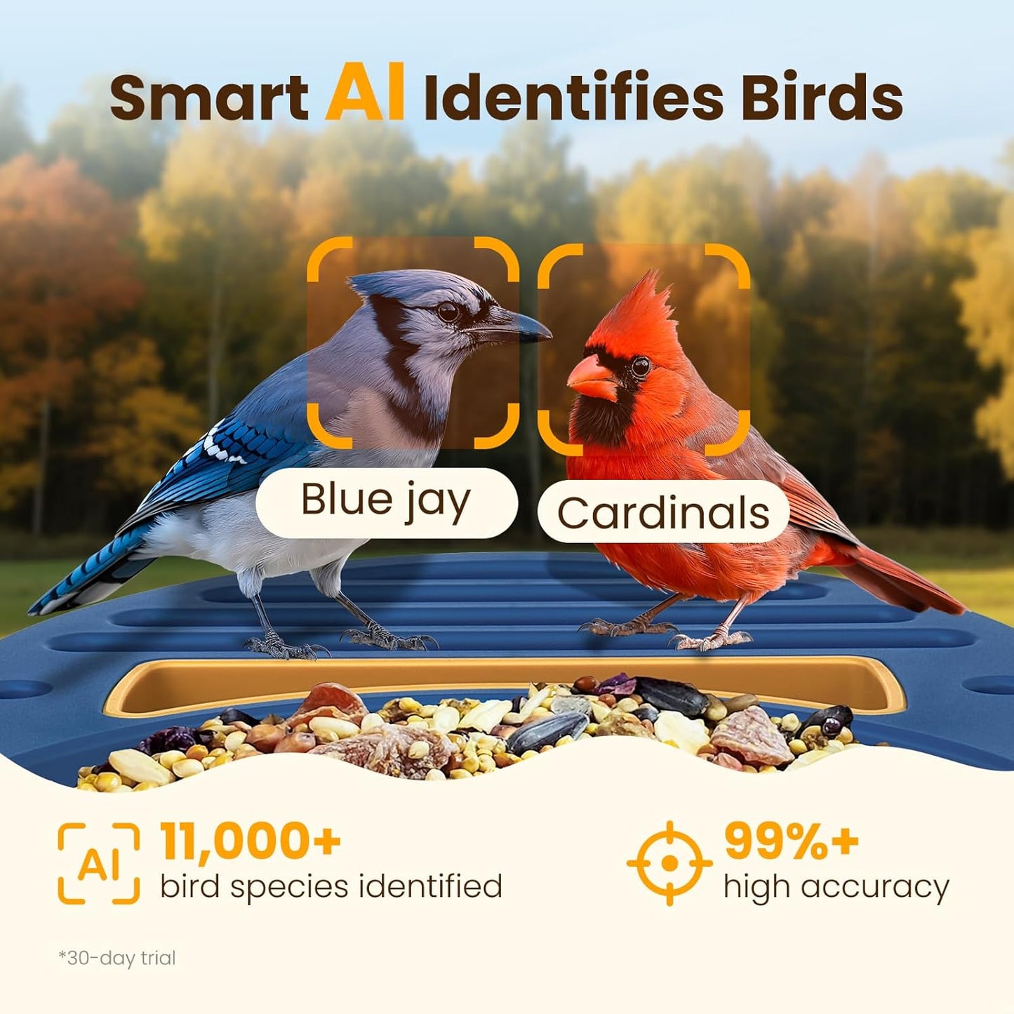 Smart Bird Feeder with Camera, 2.5K UHD Bird Feeder Camera Solar Powerd, Sensitive AI Identification, Instant Alerts Capture Video, IP66 Waterproof for Outdoor, Ideal Gift, Blue