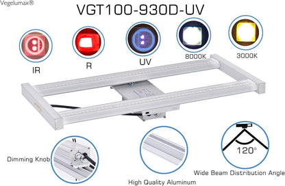 100W LED Grow Light Bar,UV IR Diodes Included,Sunlike Full Spectrum Growing Lamp for Horticulture Indoor Plant Growth Veg Flowering Fruiting,3300K,Aluminum Heat Sink,Power Dimmable