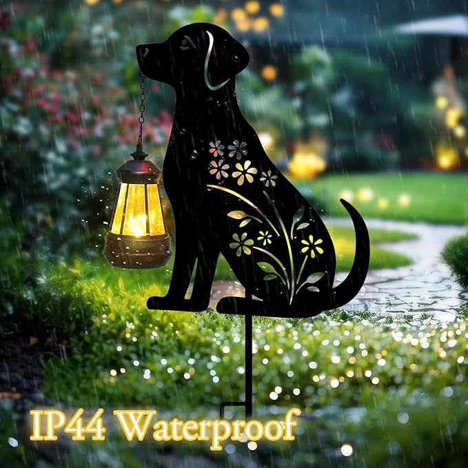 Afirst Solar Outdoor Garden Stake Solar Dog Decorative Stake Light with Lantern Decorative Lights Metal Outdoor Ornament for Yard Pathway Lawn Patio Decoration