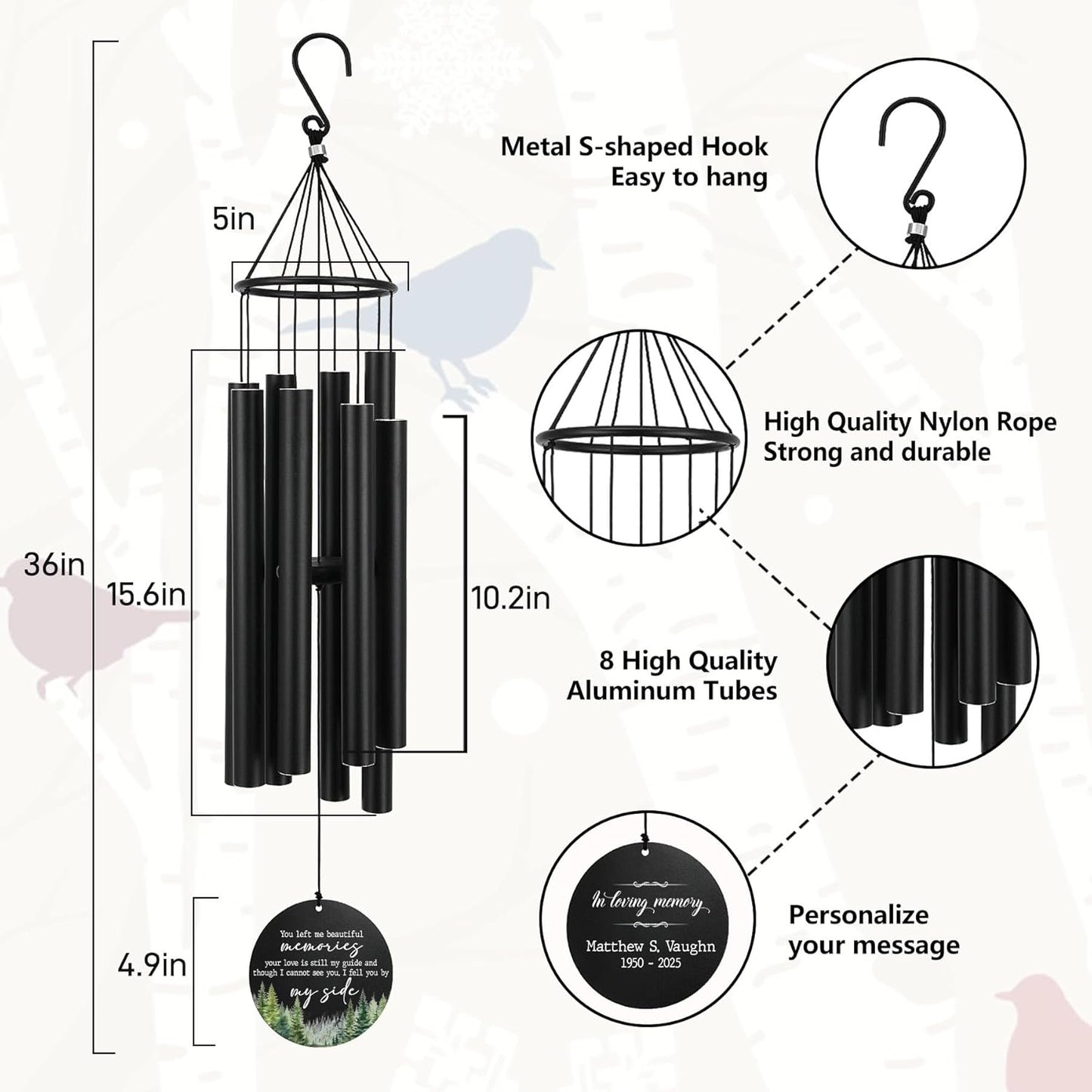 Personalized 36" Memorial Wind Chimes, Bereavement Gift to Honor a Loved One's Remembrance, Sympathy Gift for Loss of Mother Father Husband, for Outdoor Garden