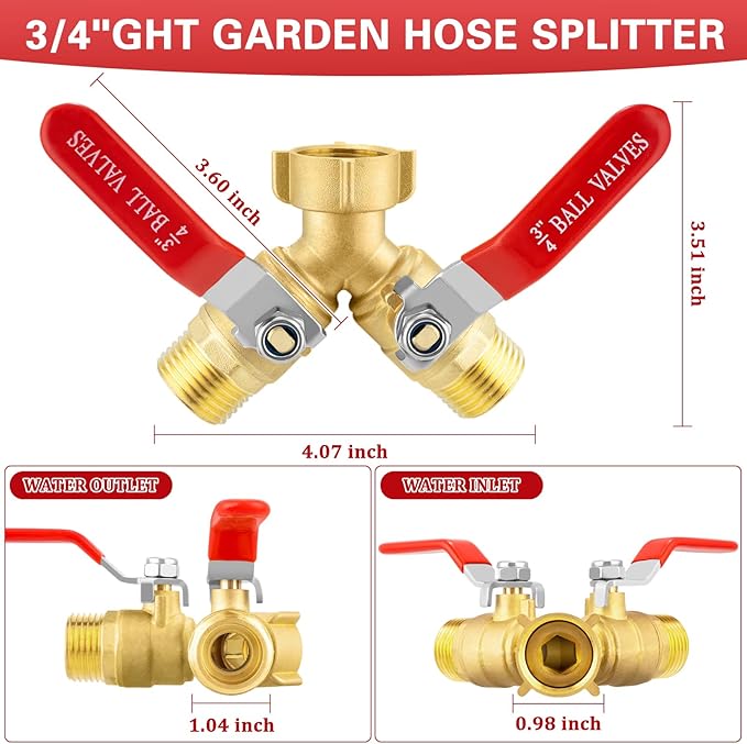 Garden Hose Splitter 2 Way, Brass Water Hose Splitter with Stainless Steel Long Handle, 3/4" GHT Thread Garden Hose Y Splitter, Full Flow Hose Splitter 2 Way Heavy Duty