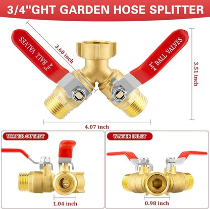 Garden Hose Splitter 2 Way, Brass Water Hose Splitter with Stainless Steel Long Handle, 3/4" GHT Thread Garden Hose Y Splitter, Full Flow Hose Splitter 2 Way Heavy Duty