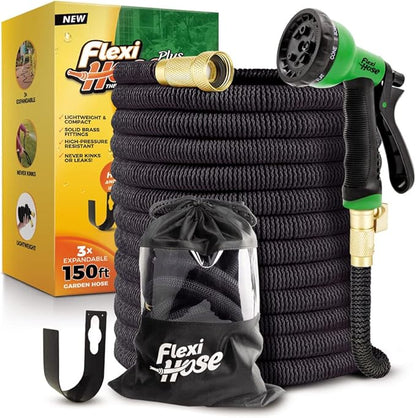 Flexi Hose PLUS with 8 Function Nozzle Expandable Garden Hose, Lightweight & No-Kink Flexible Garden Hose, 3/4 inch Solid Brass Fittings and Double Latex Core, 150 ft Black