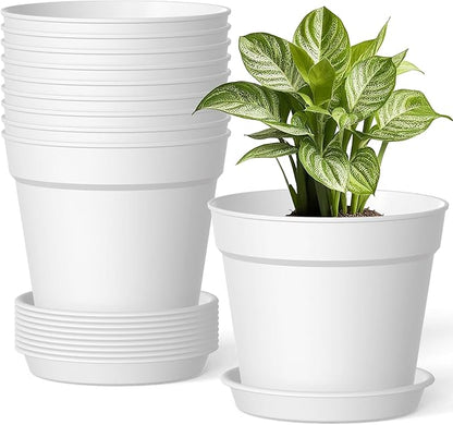 10 Pack 6 Inch Plant Pots with Drainage and Saucers, White Plastic Flower Pots for Indoor and Outdoor Plants, Stackable Nursery Planters for Houseplants and Herbs, White