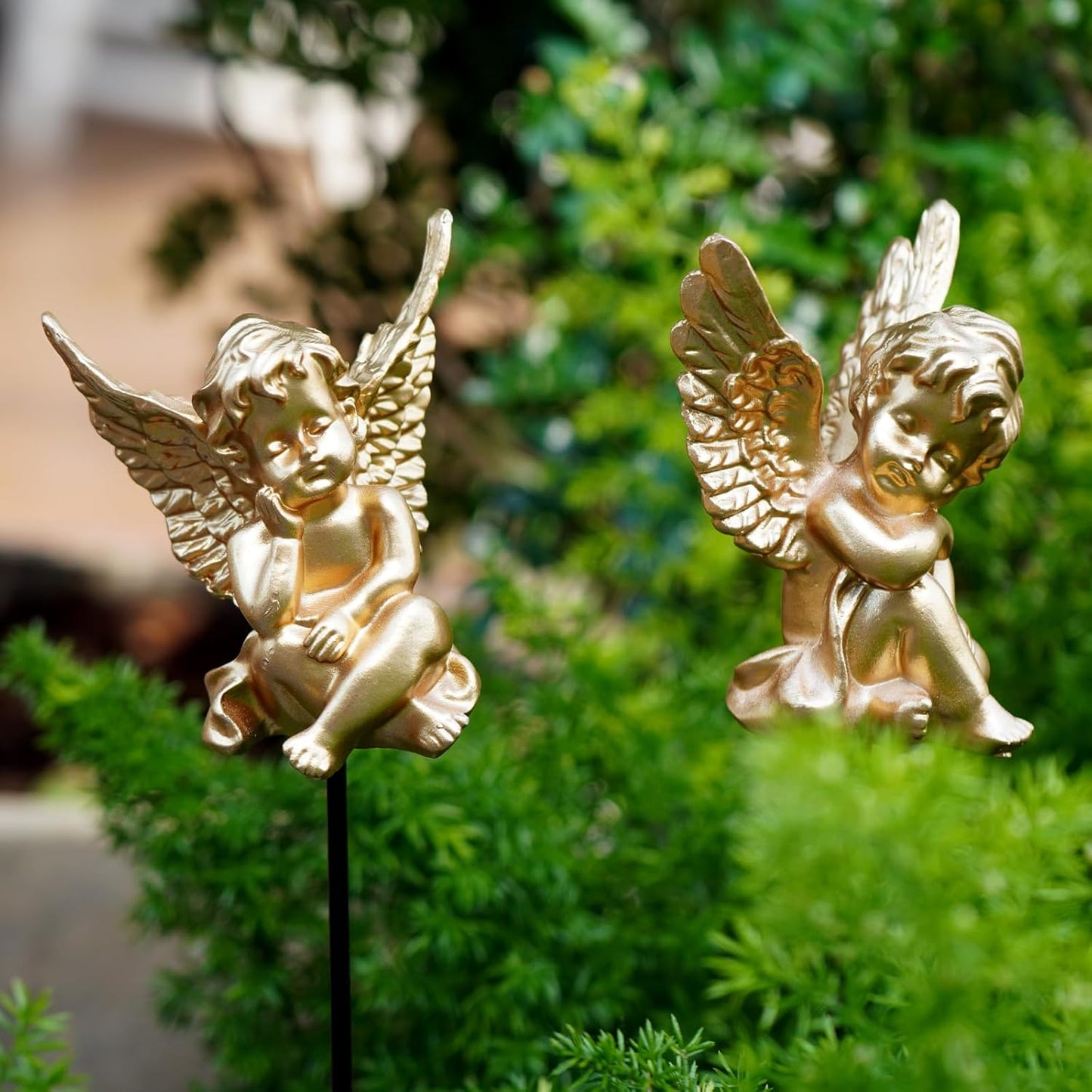 OwMell Set of 2 Decorative Angel Garden Stakes, Small Angel Fairy Garden Angel Ornaments, Cherub Angel Memorial Statue Flower Pot Decorations - Gold